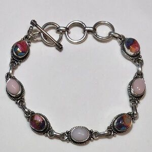🌹🍃New Pink Oyster Copper Turquoise Gemstone Pink Opal Sterling Silver Bracelet🍃🌹